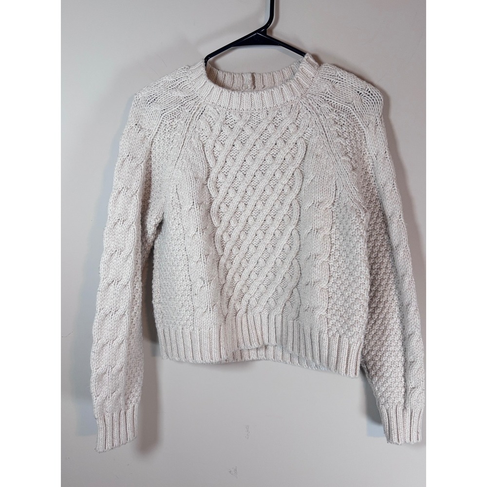 American Eagle Womens Cream Cable Knit Sweater Chunky Raglan Pullover Small